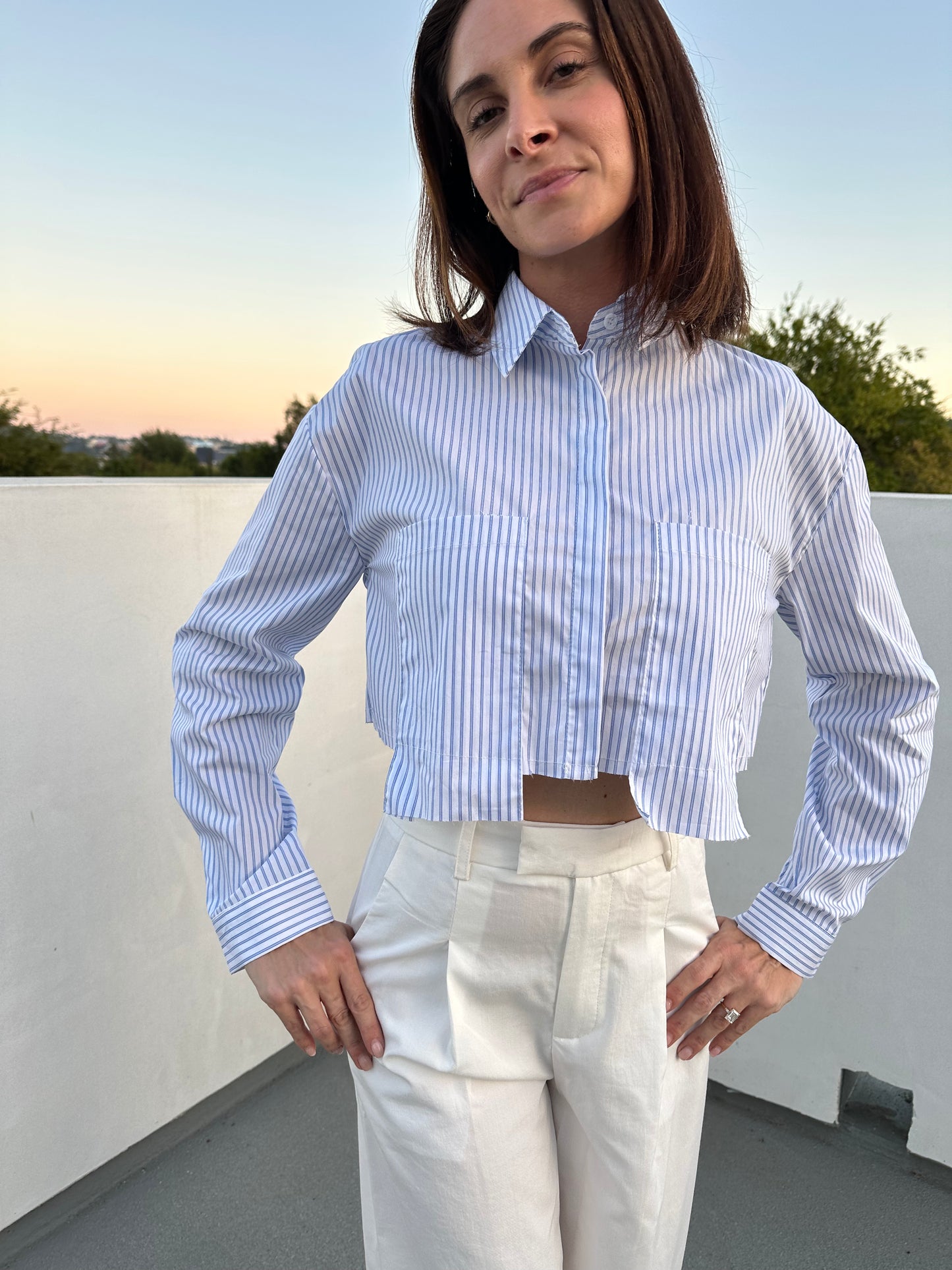 Light Blue and White Striped Asymmetrical Button Up Shirt