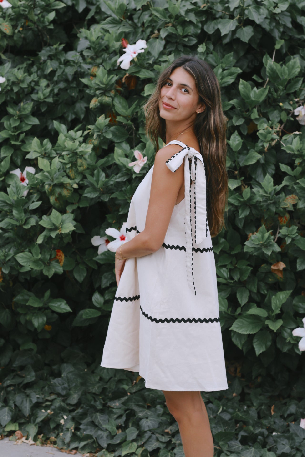 Oatmeal One Shoulder Tie Dress with Black Trim Details