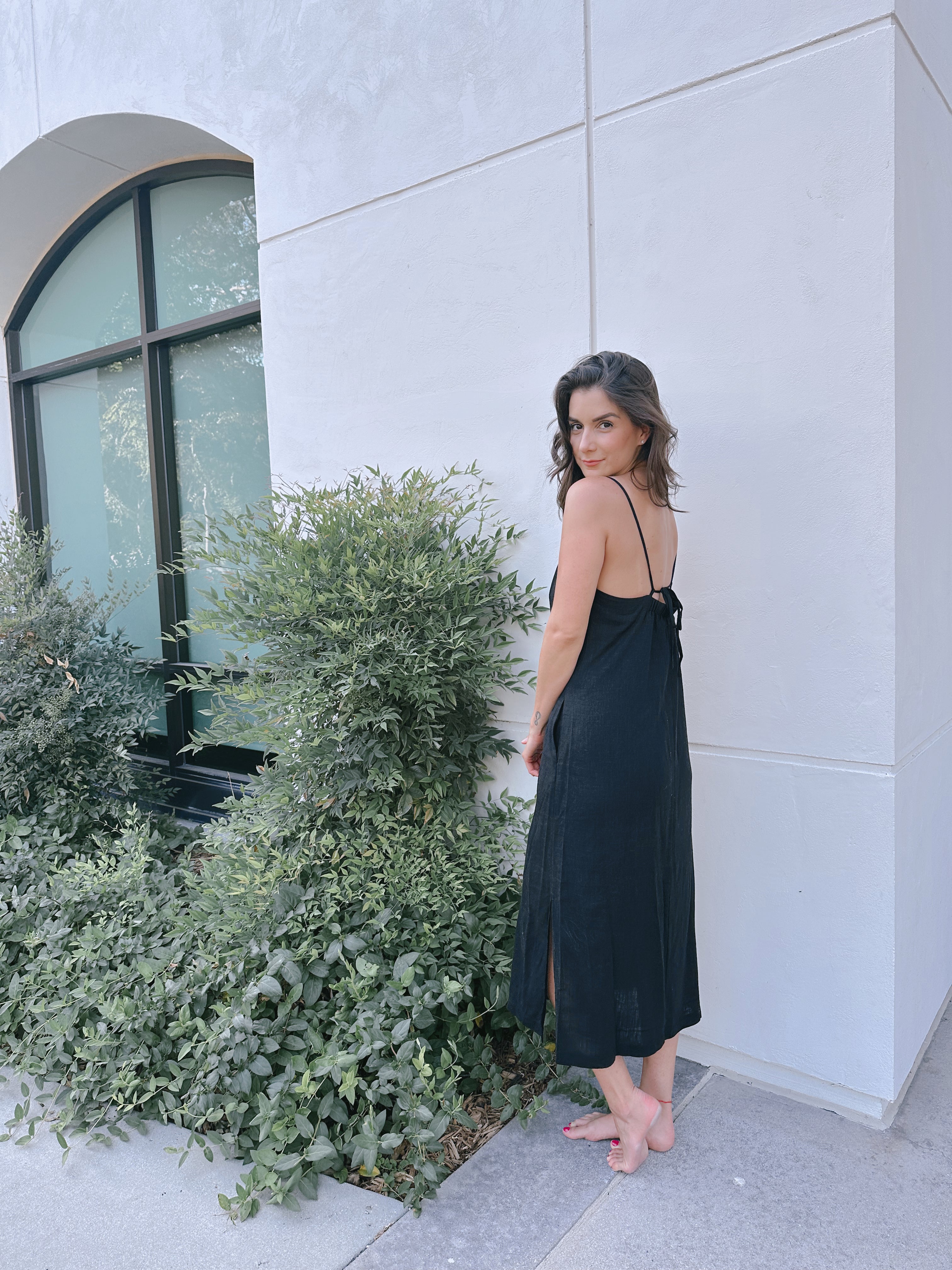 Black Linen Blend Flowy Midi Dress