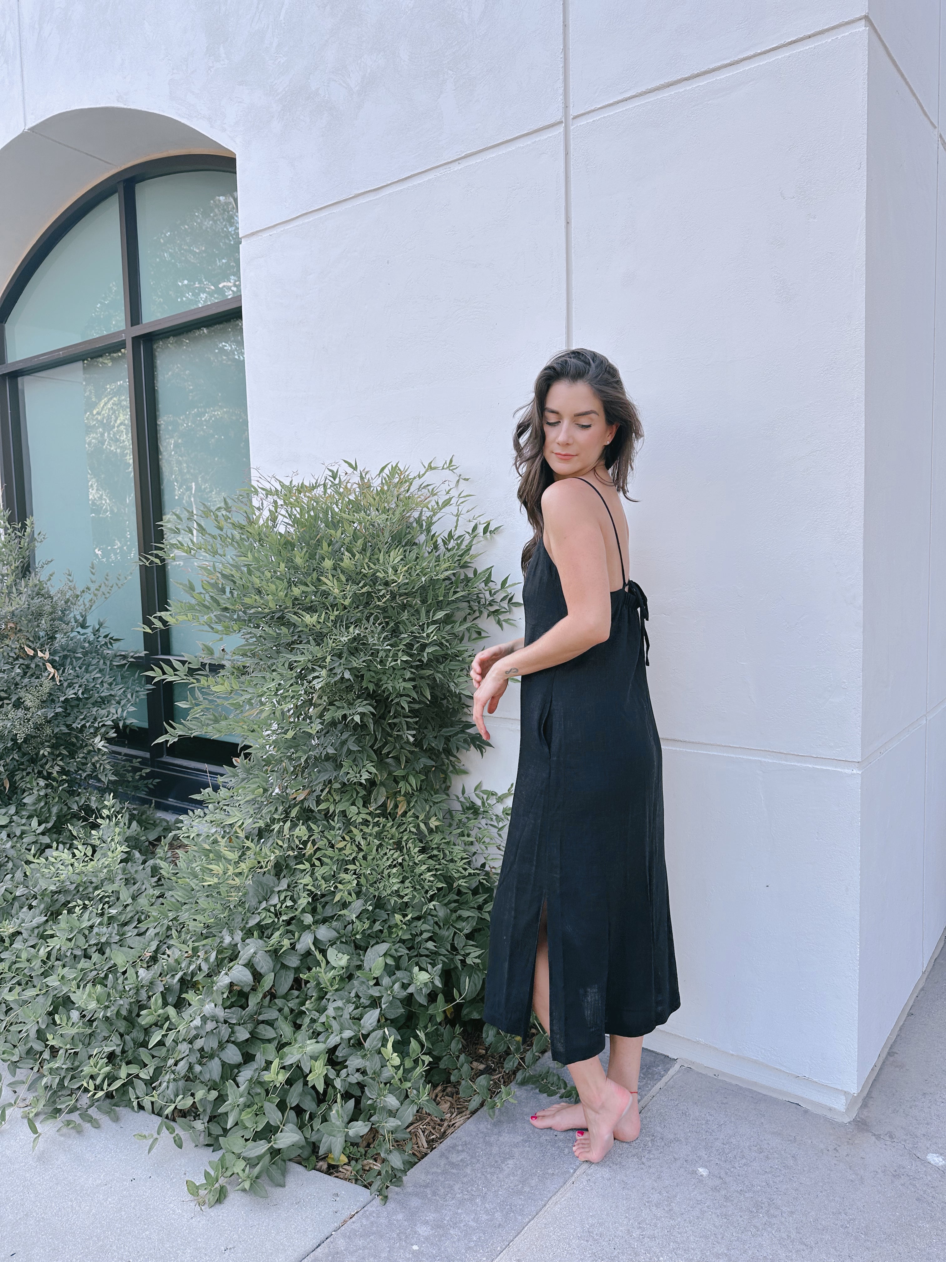 Black Linen Blend Flowy Midi Dress