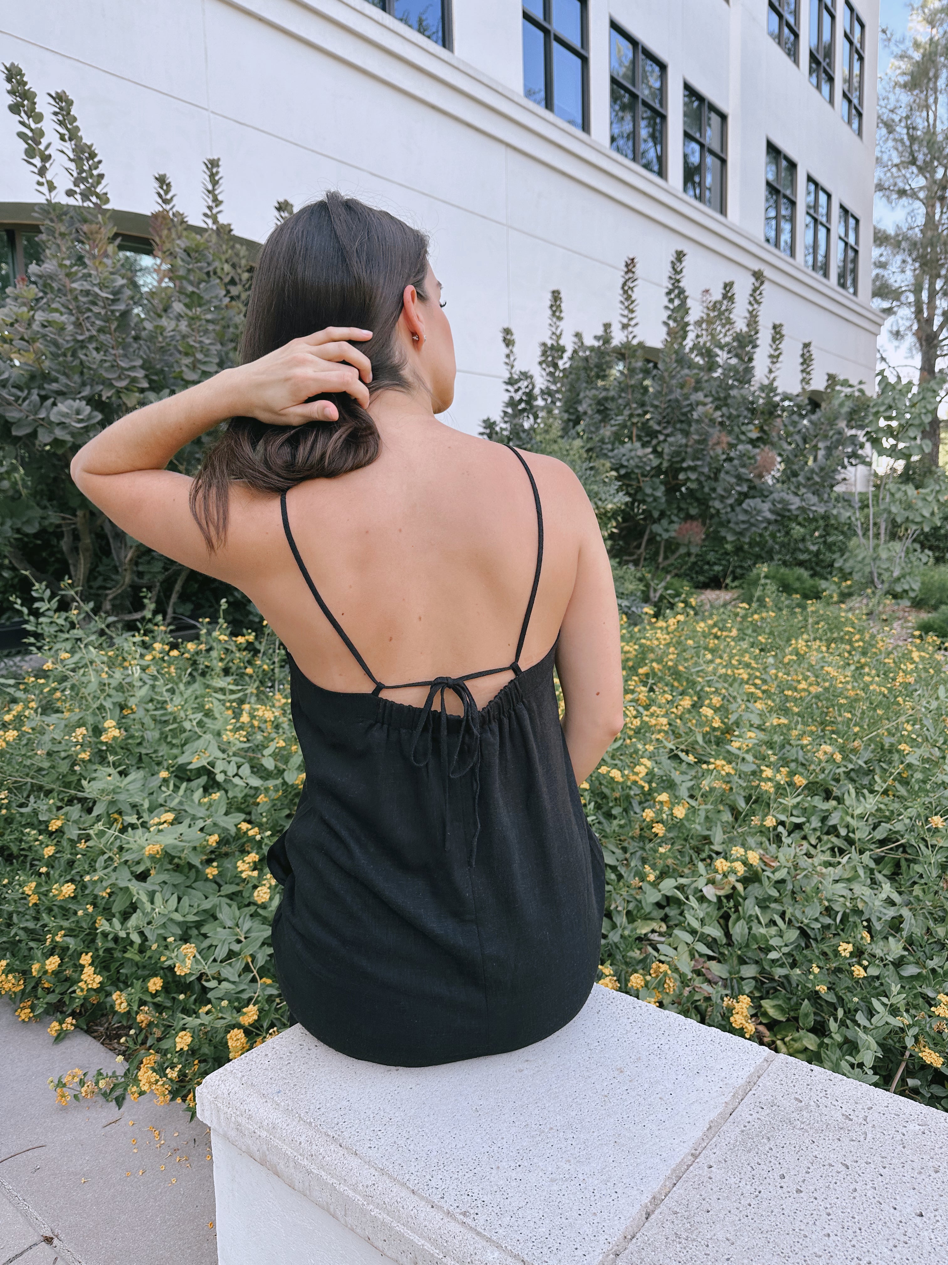 Black Linen Blend Flowy Midi Dress