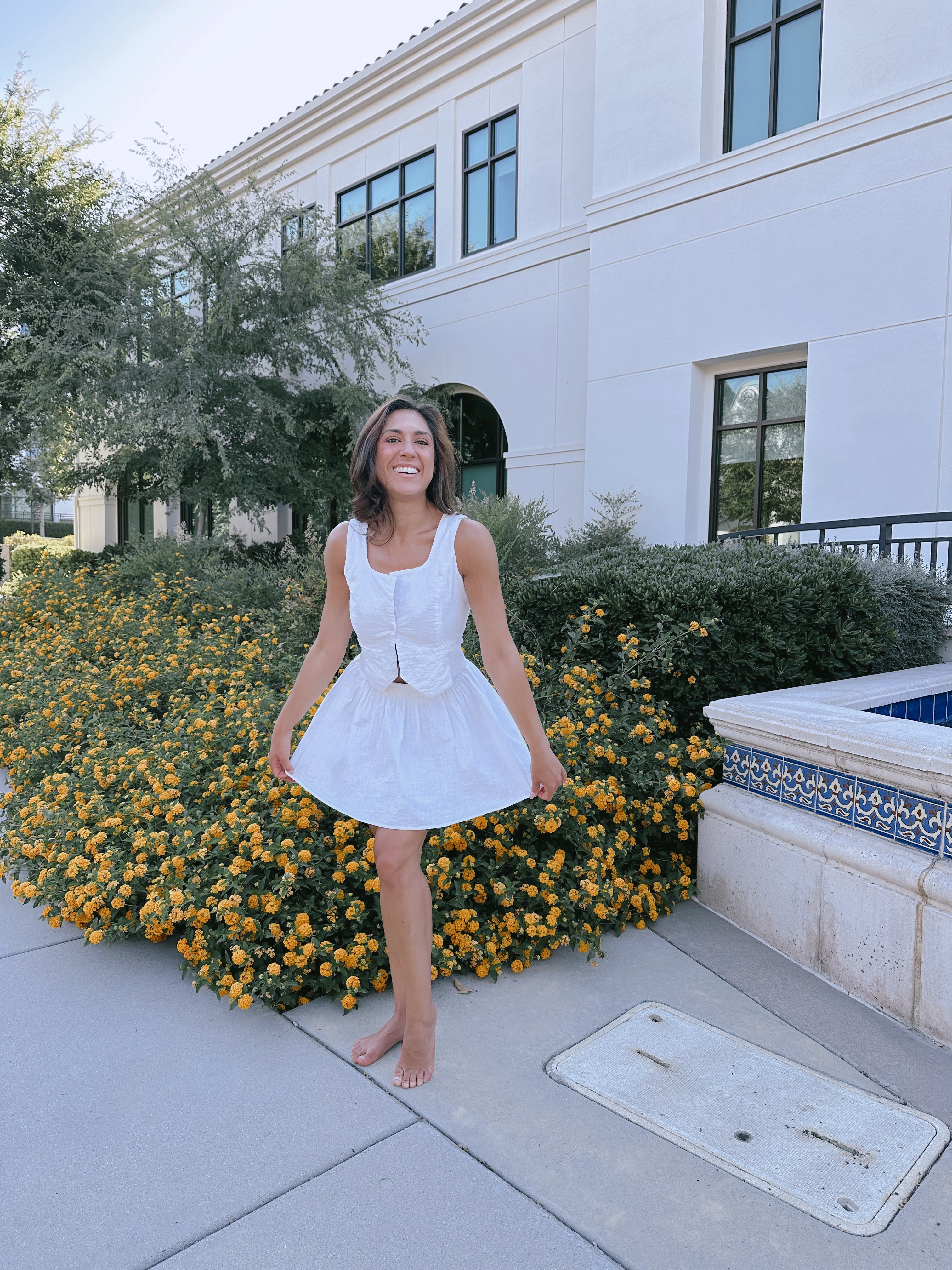 White Vest Top and Flared Skirt Set