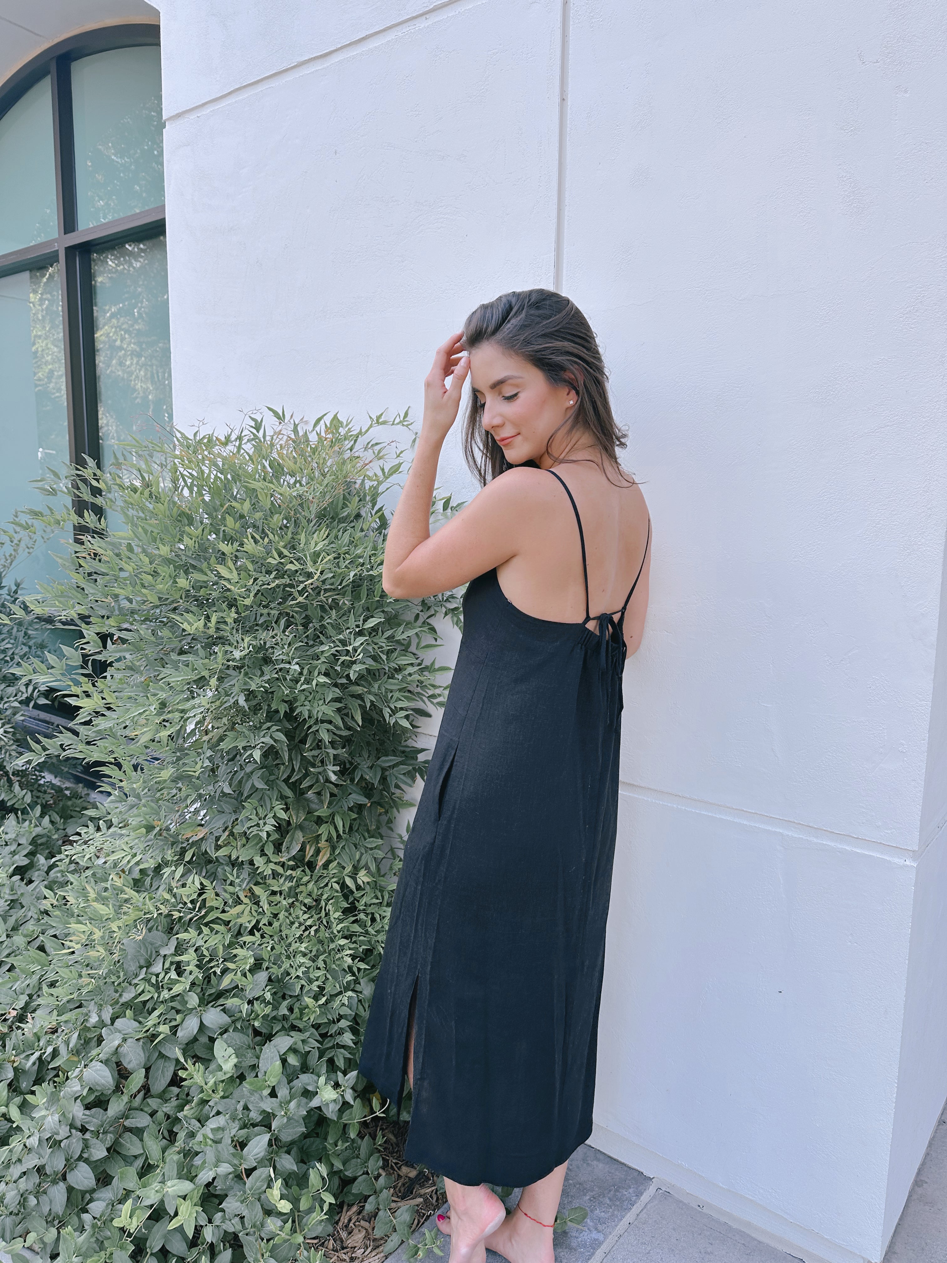 Black Linen Blend Flowy Midi Dress